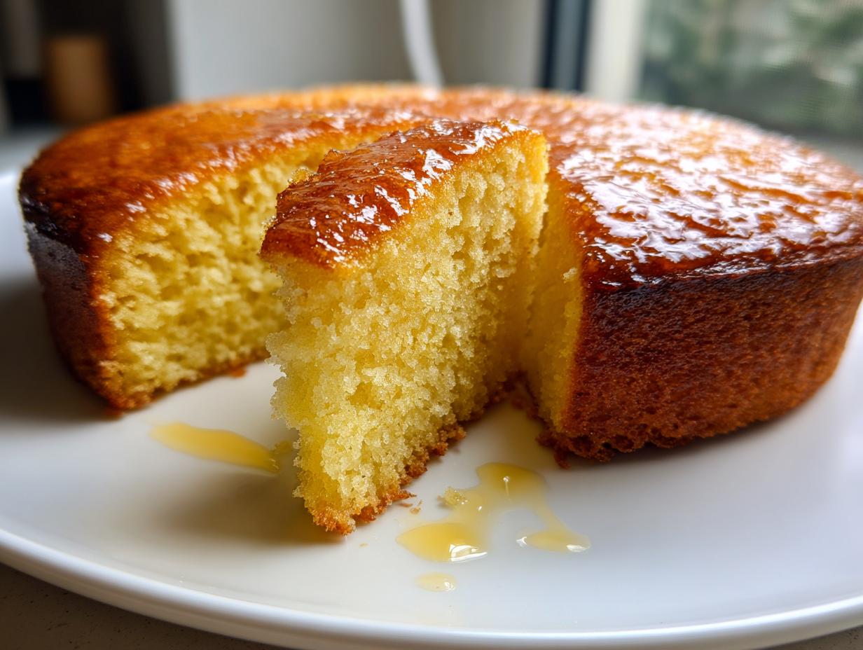 A slice cut from a round olive oil cake, showing its moist crumb and shiny glaze on a white plate.