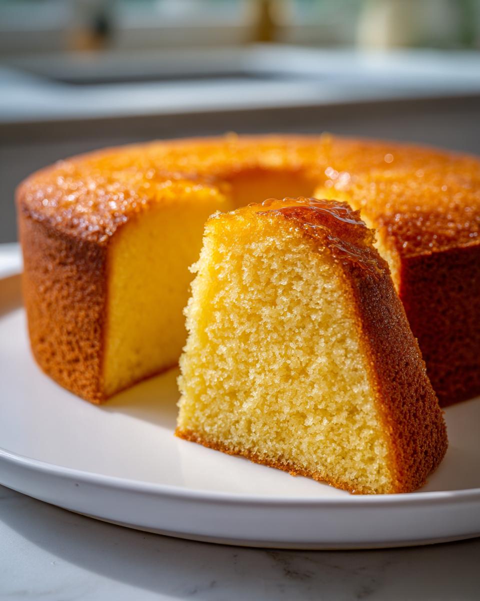 A close-up of a slice cut from a golden, moist olive oil cake, showing its crumb and shiny glaze.