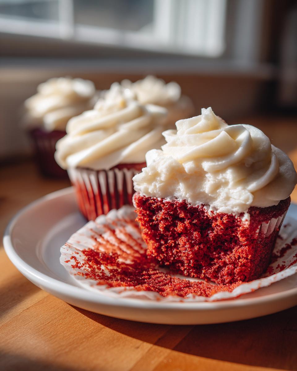 Close-up of a moist red velvet cupcakes with a bite taken out, showing the bright red crumb and thick cream cheese frosting.