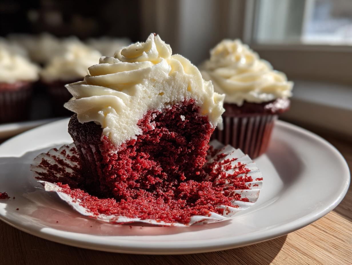 A red velvet cupcake cut in half showing the moist crumb, topped with thick cream cheese frosting, with more red velvet cupcakes in the background.