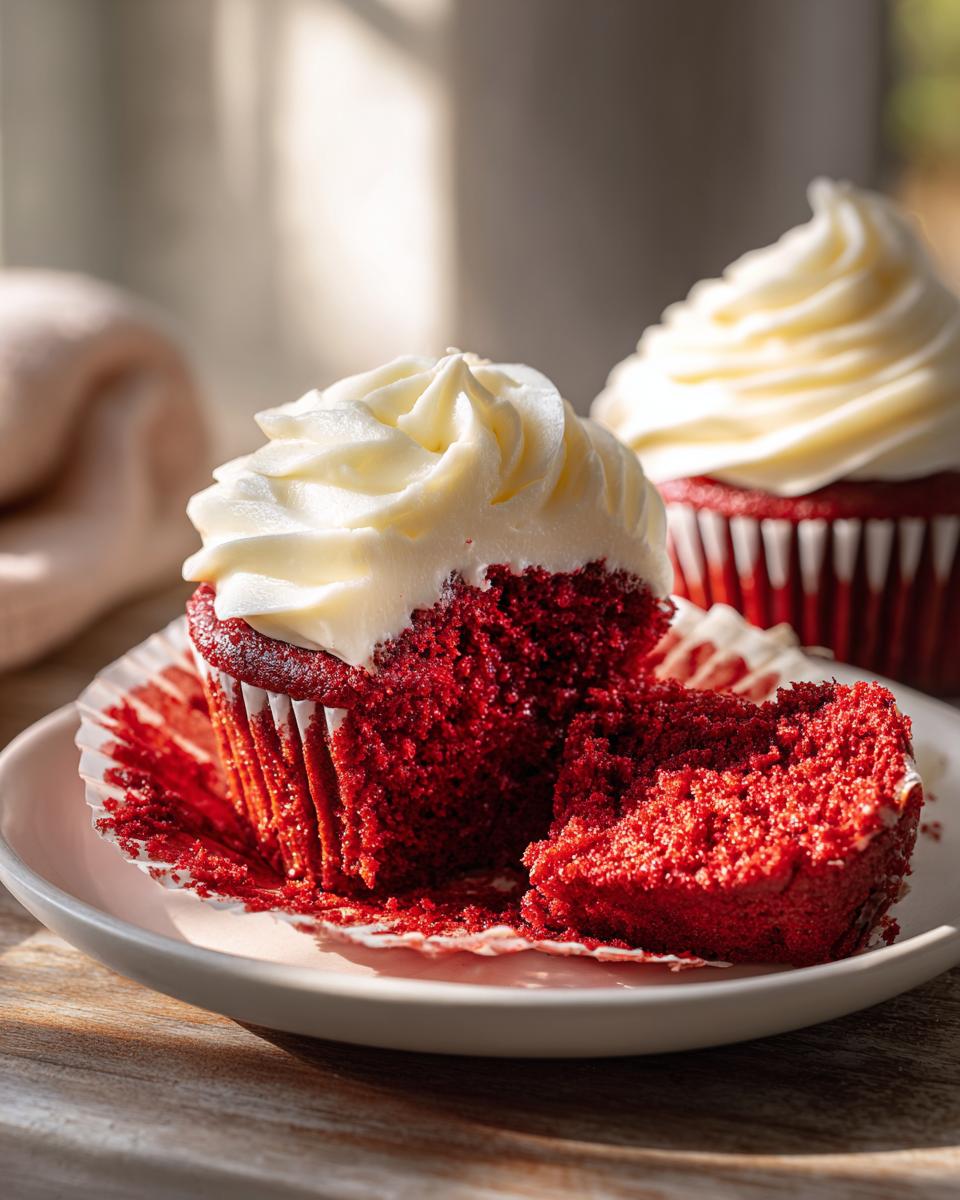 A close-up of a moist red velvet cupcakes cut in half, showing the rich red crumb and thick cream cheese frosting.