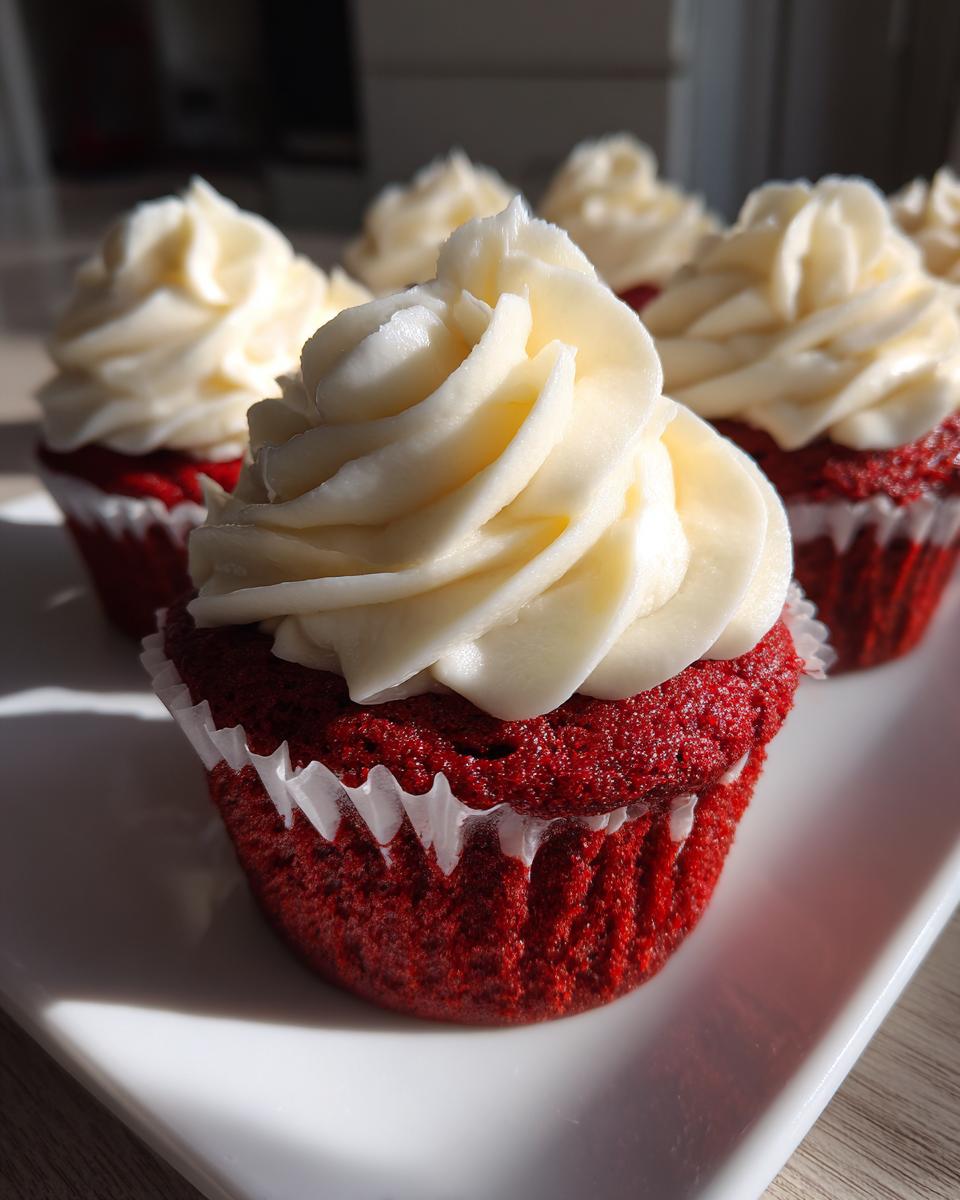 Close-up of a moist red velvet cupcake topped with a swirl of white cream cheese frosting, sitting on a white platter.