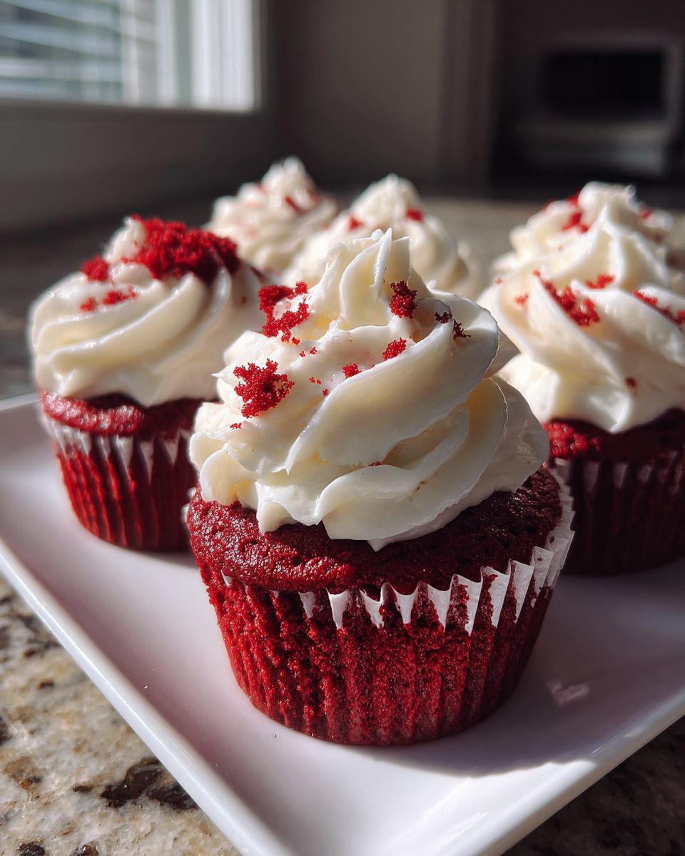Close-up of several moist red velvet cupcakes topped with swirls of cream cheese frosting and red cake crumbs.