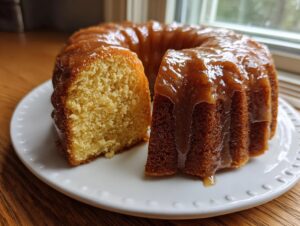 A beautiful bundt style rum cake recipe, generously topped with a thick caramel glaze, with one slice cut out showing the moist interior.