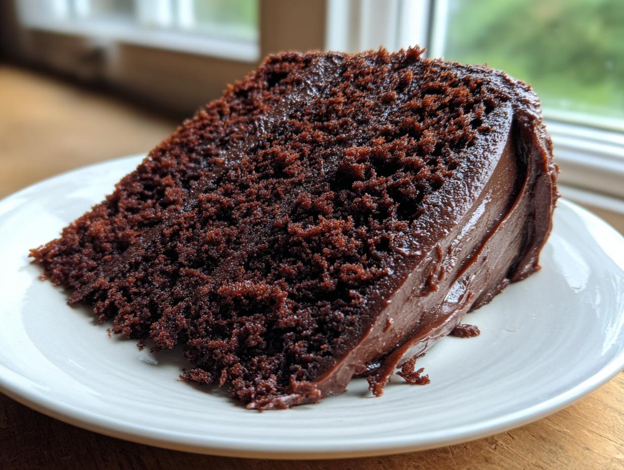 Close-up of a moist, rich slice of chocolate cake recipe with thick chocolate frosting on a white plate.