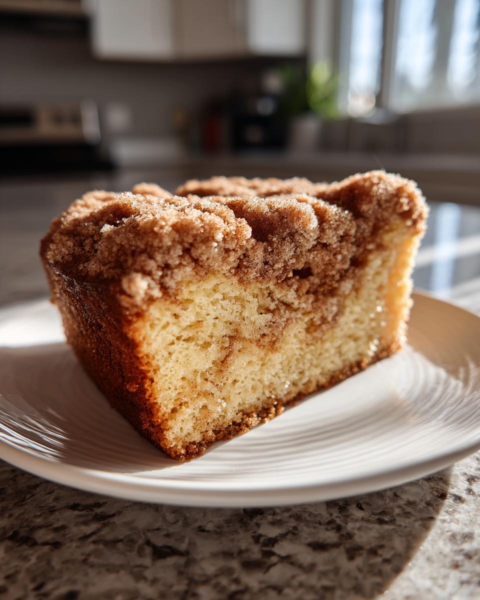 Close-up of a moist slice of coffee cake featuring a thick cinnamon streusel topping, served on a white plate.
