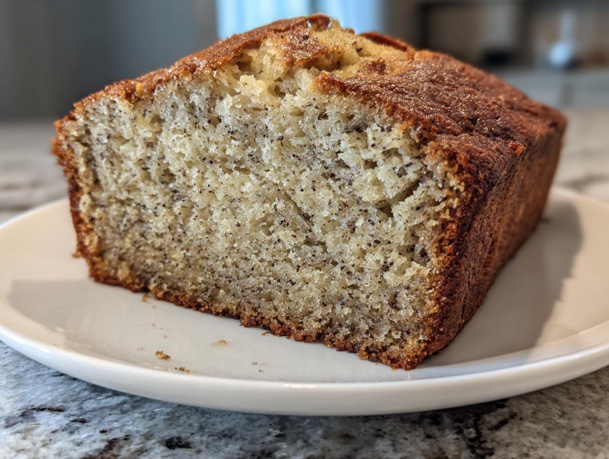 Close-up of a freshly baked slice of greek yogurt banana bread showing a moist crumb texture.