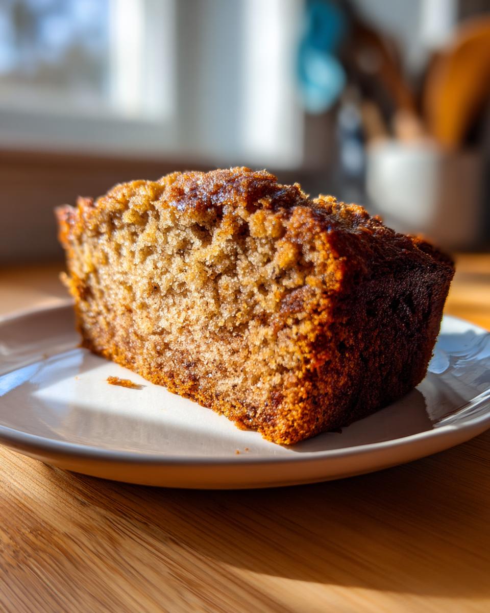 Close-up of a moist slice of sourdough banana bread resting on a white plate, illuminated by sunlight.
