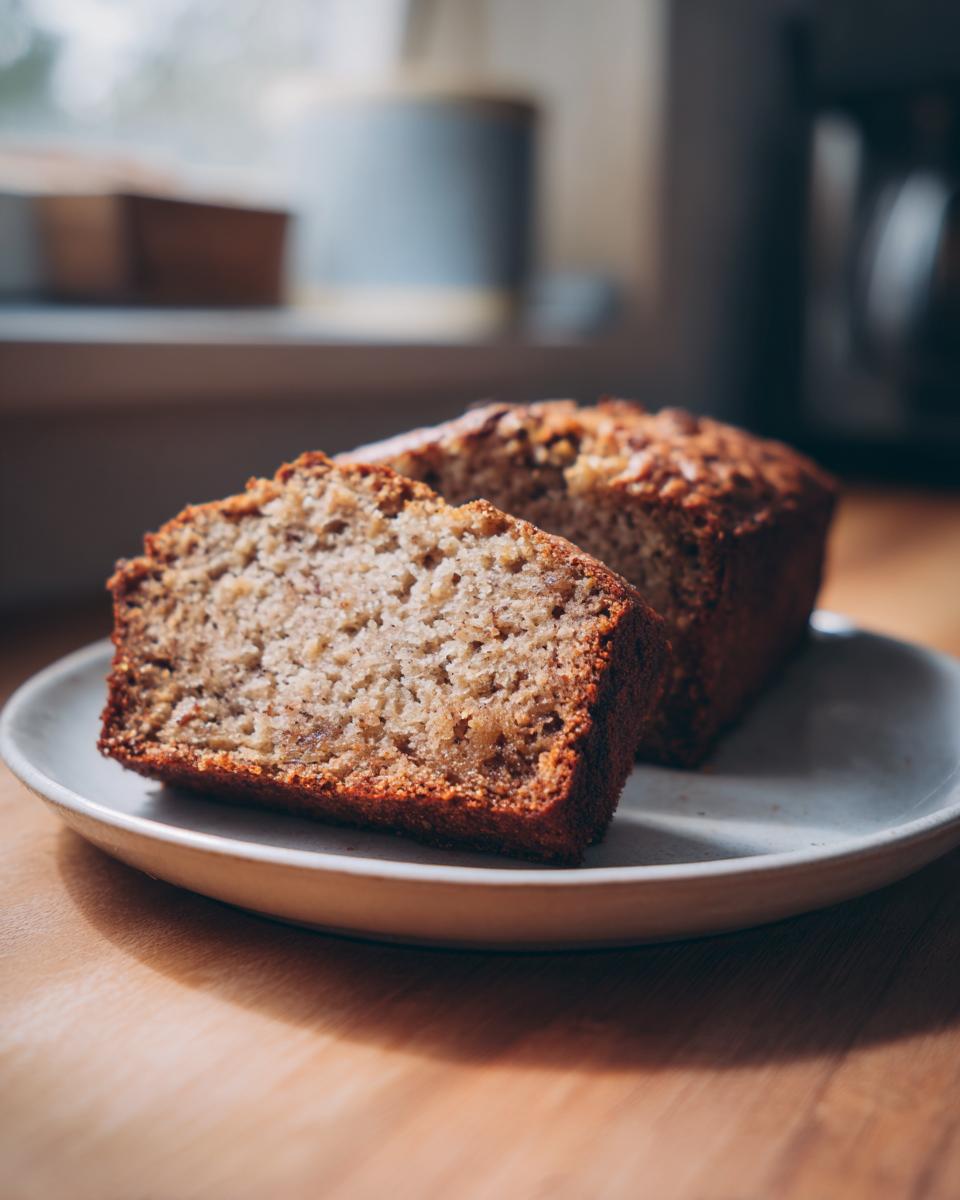 A close-up view of a moist slice of sourdough banana bread resting on a light plate.