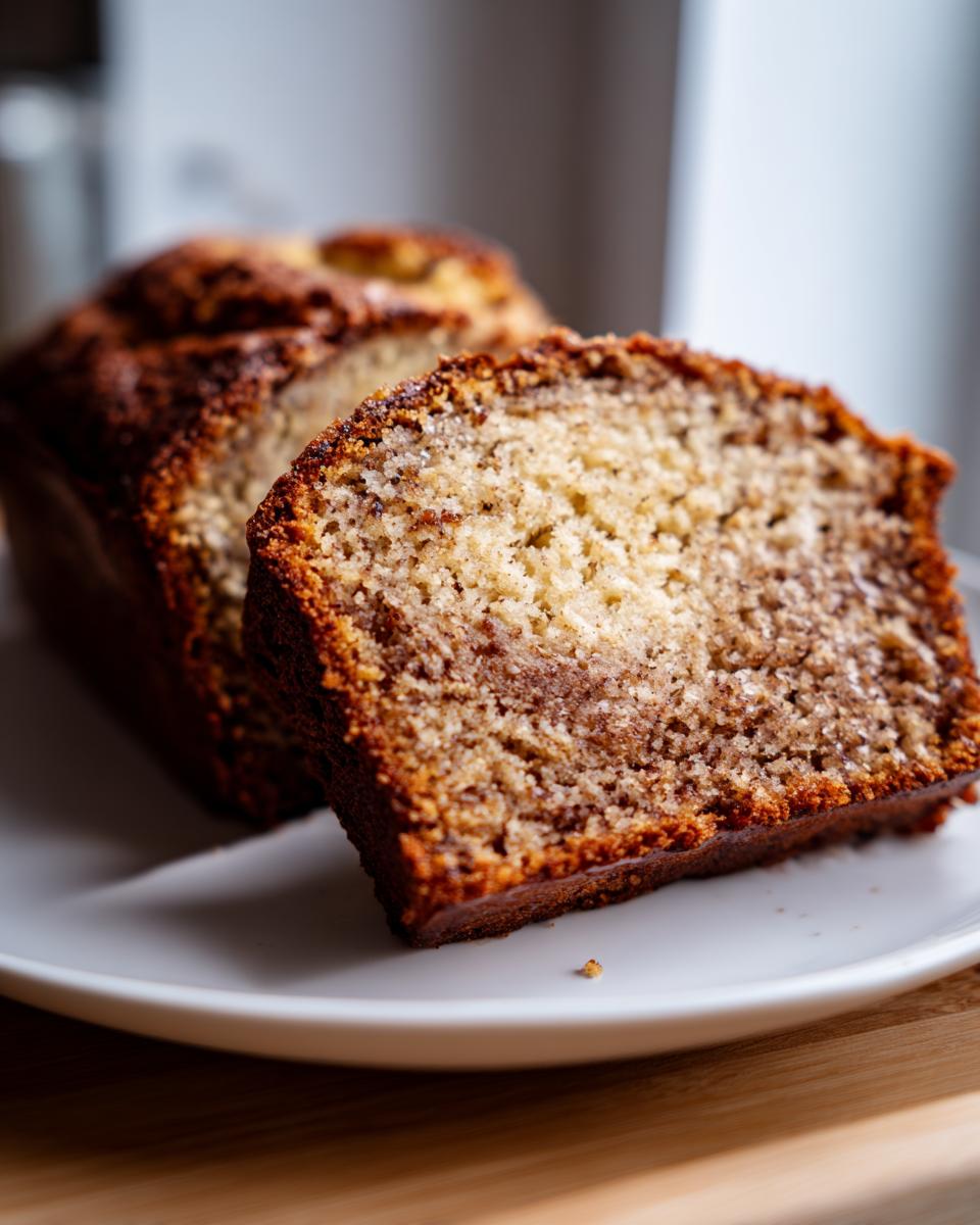 Close-up of a thick slice of moist sourdough banana bread showing a rich, swirled crumb texture.