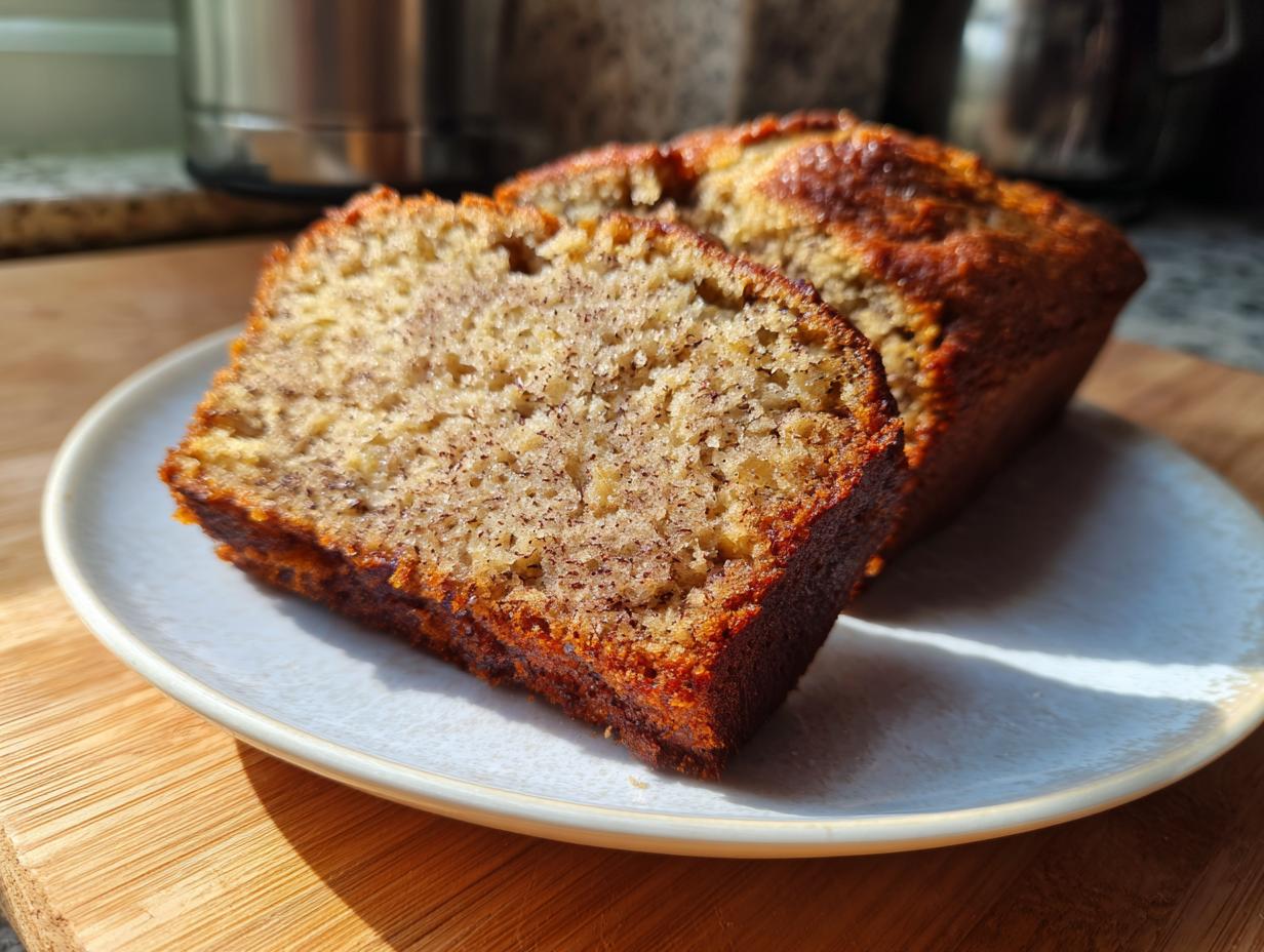 Two slices of moist sourdough banana bread displayed on a light blue plate, showing the rich crumb texture.