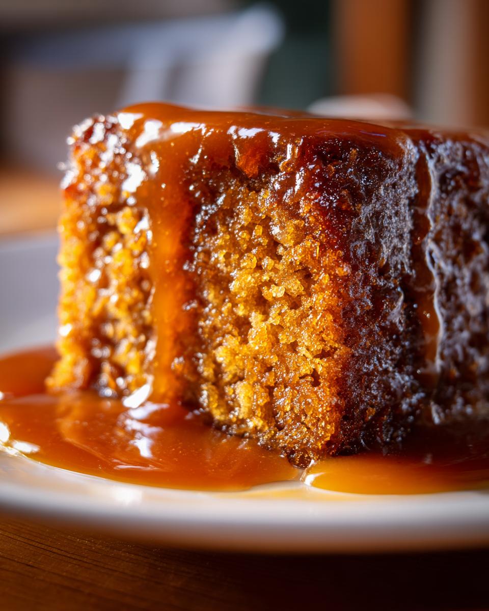 Close-up of a rich, moist square of sticky toffee pudding recipe drenched in warm toffee sauce.