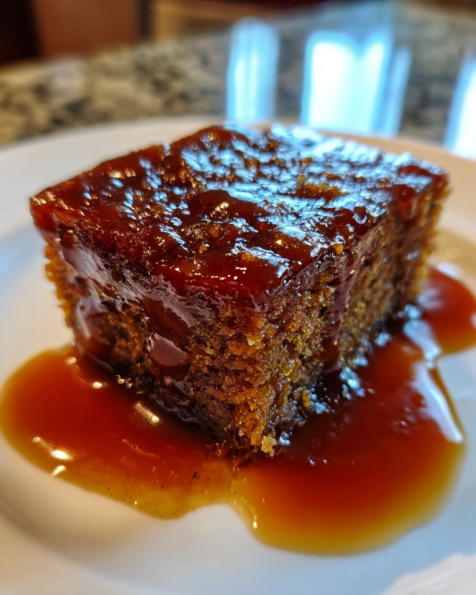 A close-up view of a square slice of rich, dark sticky toffee pudding recipe covered in thick toffee sauce.