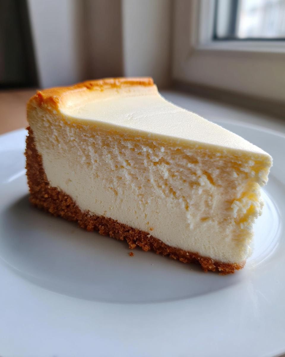 A close-up of a thick, creamy slice of New York cheesecake with a golden-brown graham cracker crust on a white plate.