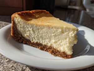 A thick, creamy slice of baked new york cheesecake with a graham cracker crust, served on a white plate.