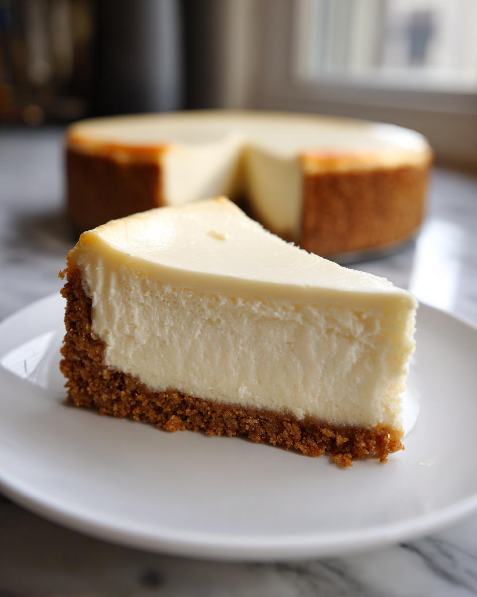 A thick, creamy slice of new york cheesecake with a graham cracker crust sits on a white plate.