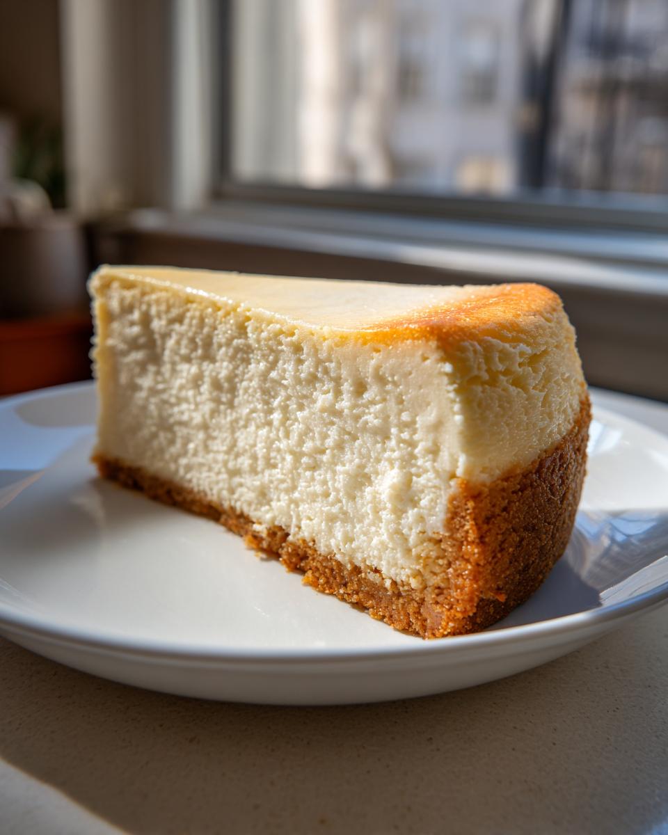 A thick, creamy slice of New York cheesecake with a golden-brown graham cracker crust sits on a white plate.