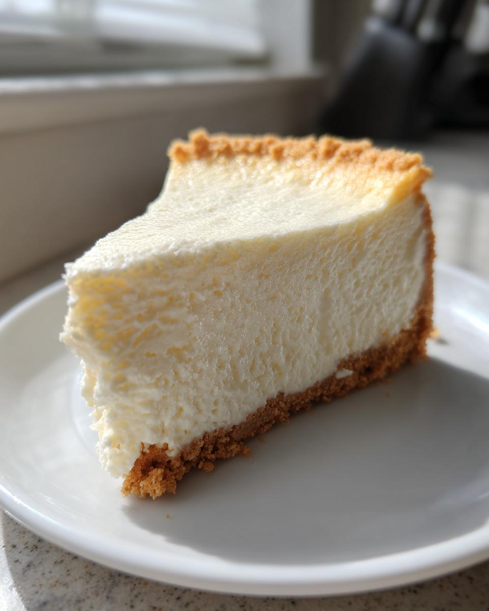 A thick, creamy slice of new york cheesecake with a golden graham cracker crust resting on a white plate.