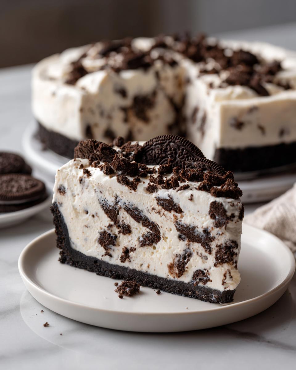 A generous slice of creamy, no-bake oreo pie featuring chunks of cookies in the filling and topped with more crushed oreos.