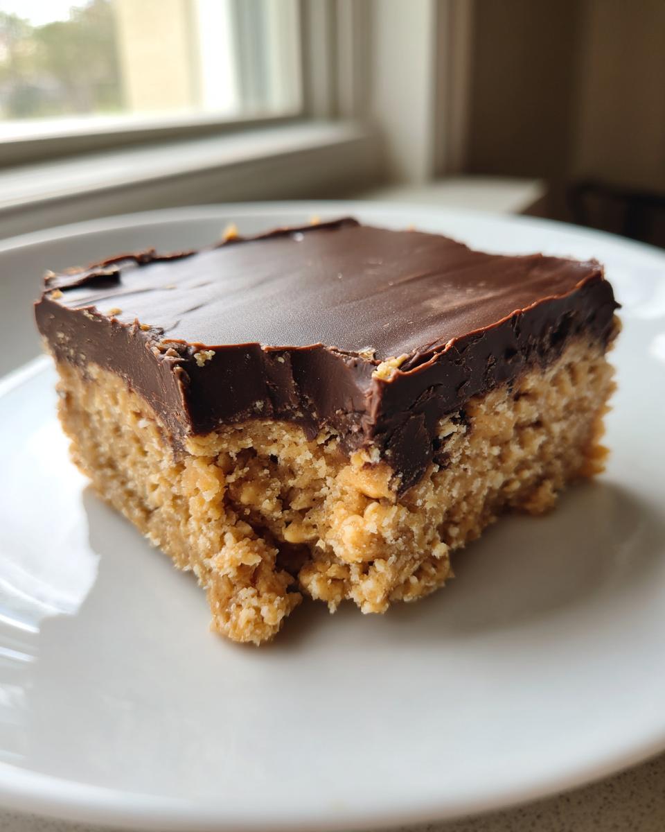 A single square of rich, no-bake peanut butter bars topped with a thick layer of smooth chocolate ganache.