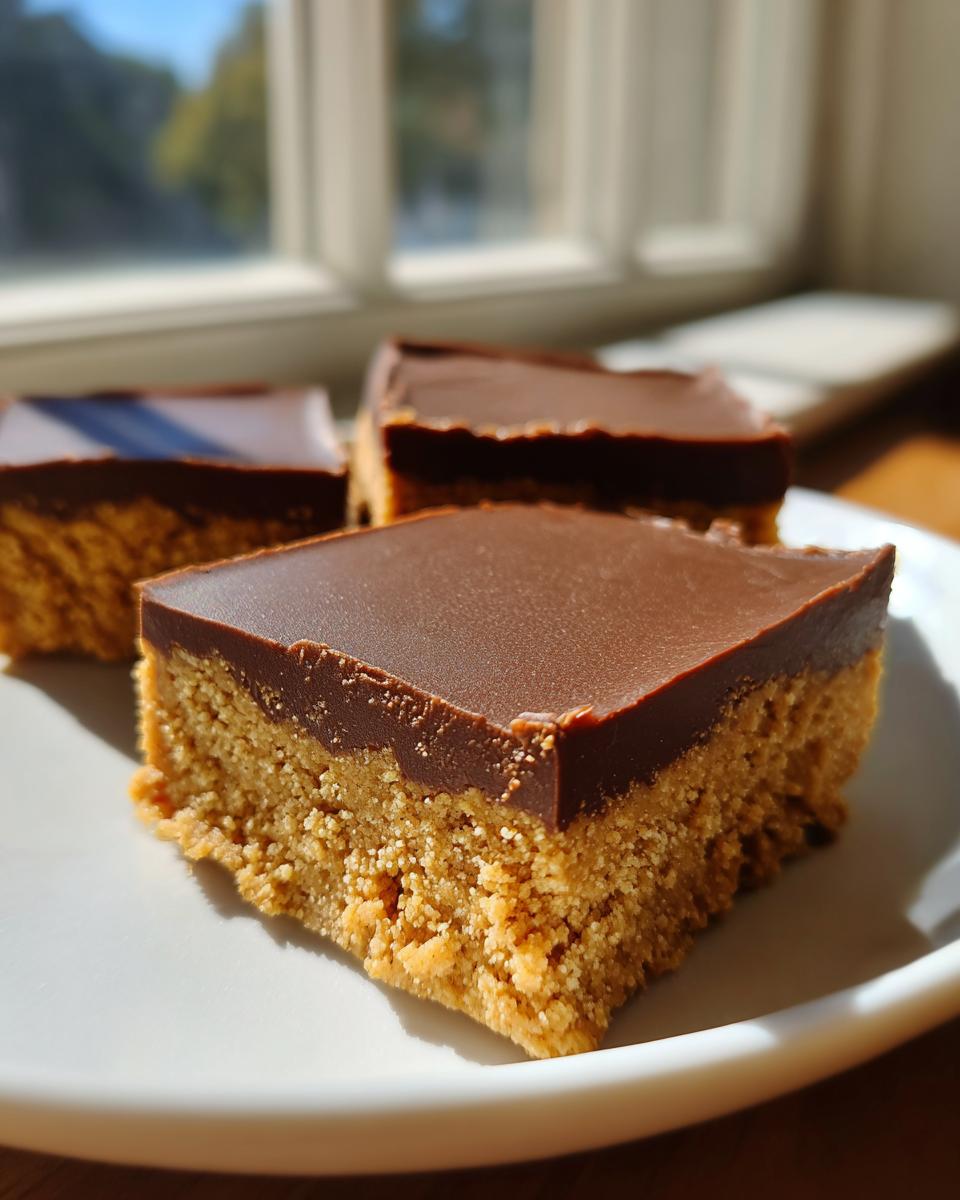Three squares of decadent no-bake peanut butter bars, featuring a thick peanut butter base and a smooth chocolate topping, sitting on a white plate.