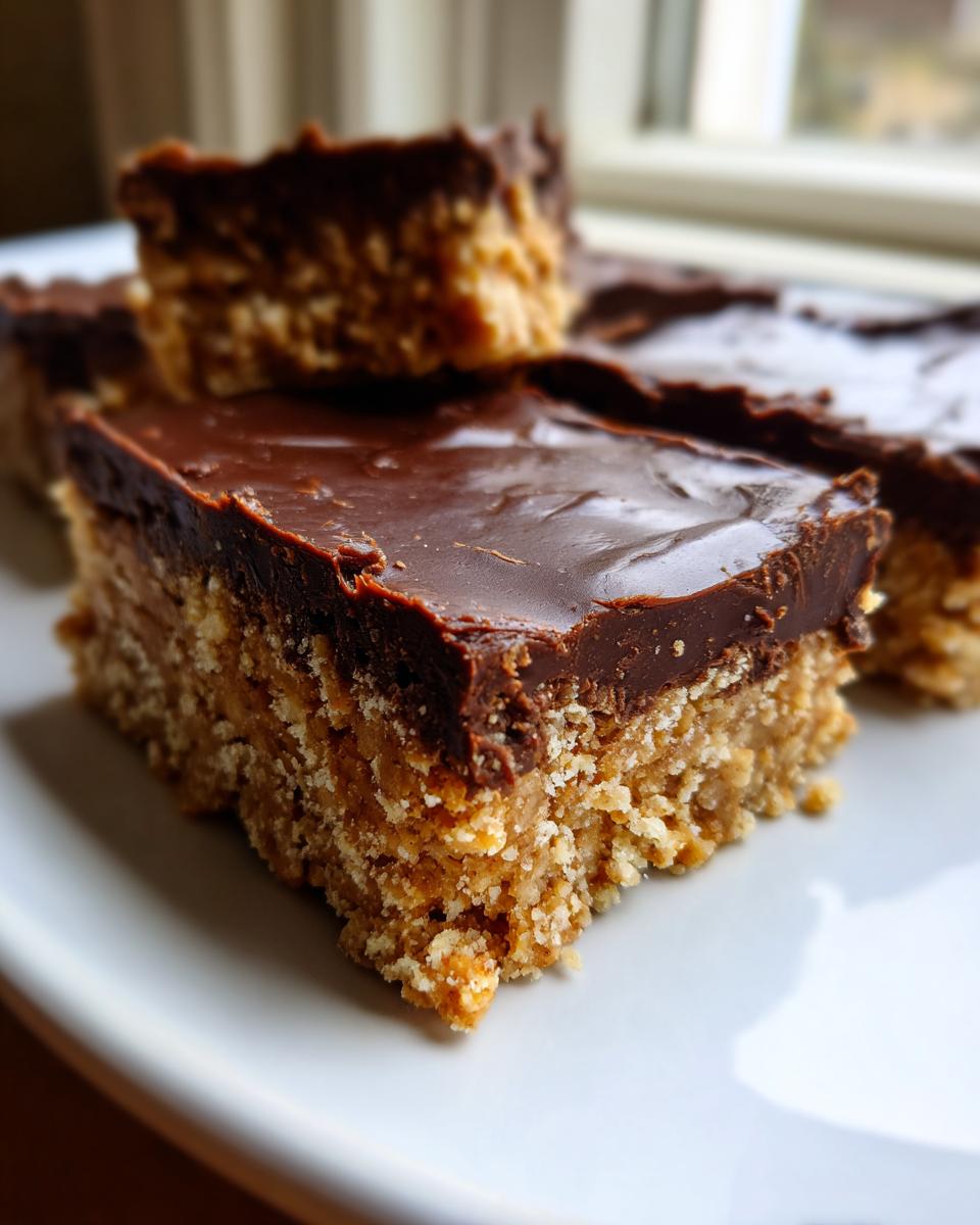 Close-up of rich, layered no-bake peanut butter bars topped with a thick layer of melted chocolate.