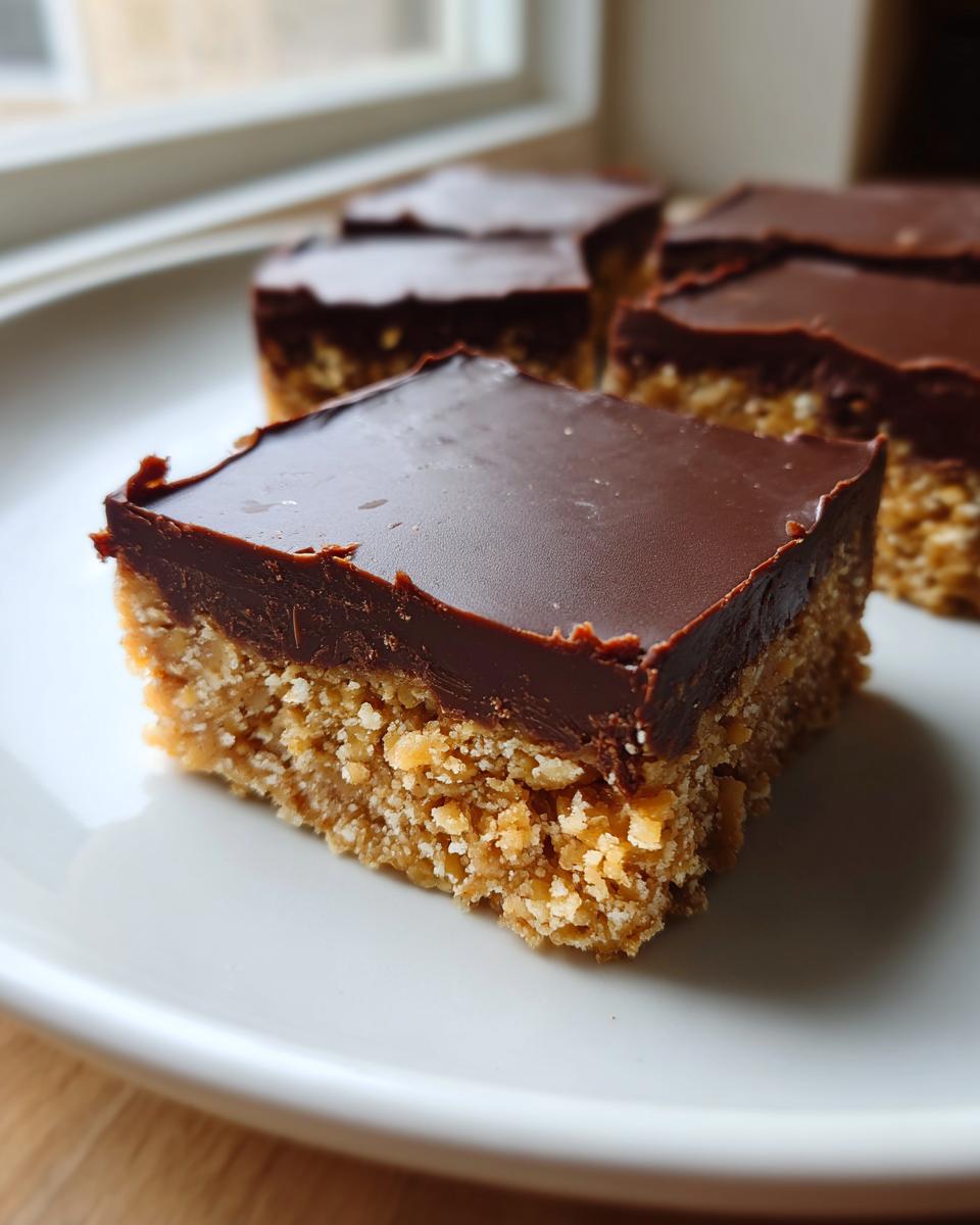 A close-up of a square no-bake peanut butter bars piece showing the crumbly base and thick chocolate topping.