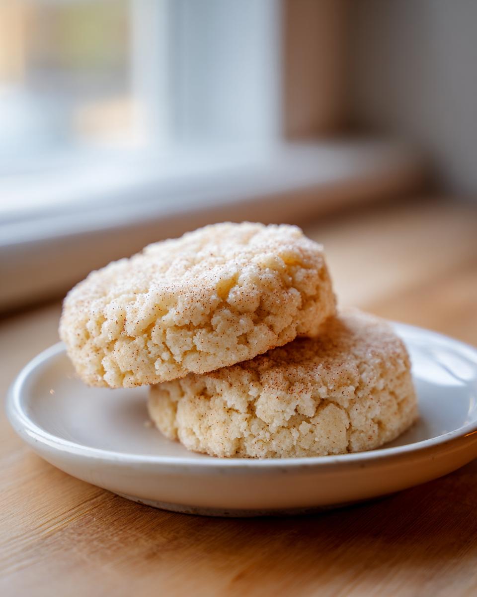 Two thick, round vegan sugar cookies dusted with cinnamon sugar stacked on a small white plate.
