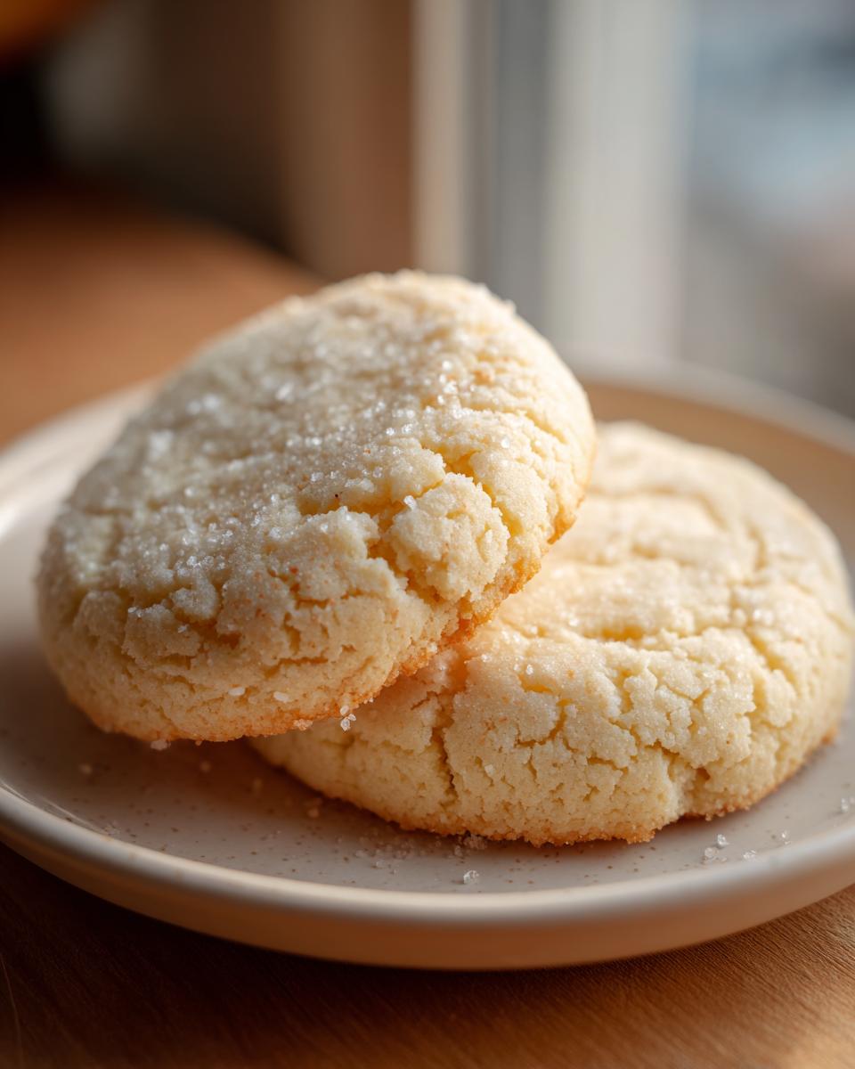 Close-up of two soft, round vegan sugar cookies sprinkled generously with coarse sugar crystals.