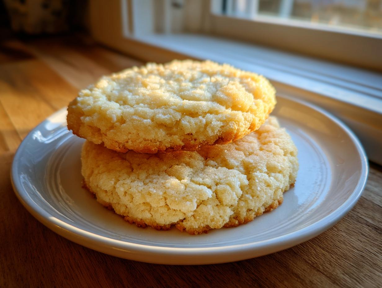 Two golden, slightly crinkled vegan sugar cookies stacked on a small white plate, backlit by sunlight.