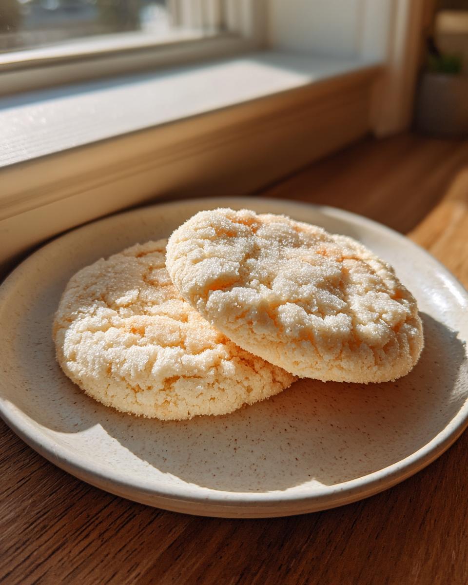 Two soft, crinkly vegan sugar cookies coated in sparkling sugar, resting on a speckled plate near a sunlit window.