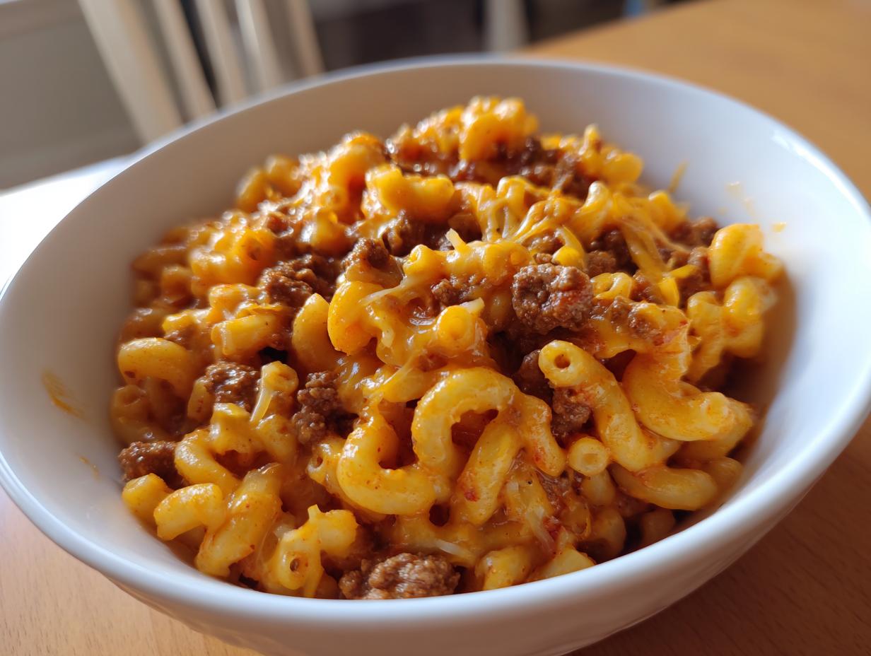 Close-up of a white bowl filled with creamy, cheesy taco pasta mixed with seasoned ground beef.