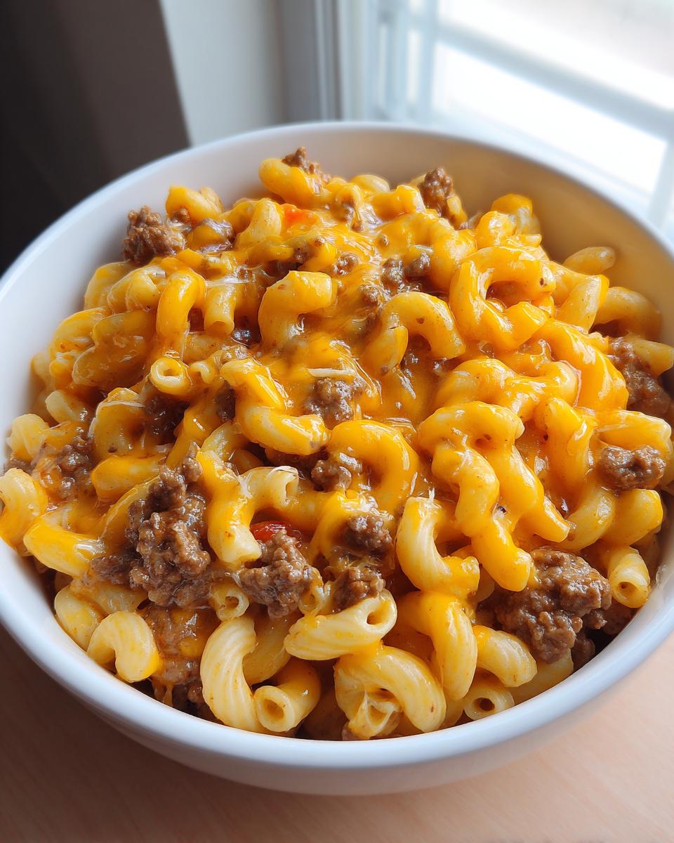 Close-up of a white bowl filled with creamy, cheesy taco pasta mixed with seasoned ground beef.