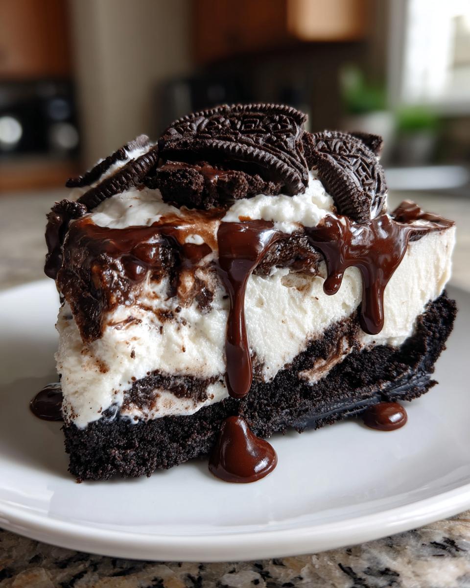 A rich slice of ice cream pie featuring a dark crust, white filling, chocolate fudge drizzle, and Oreo cookie topping.