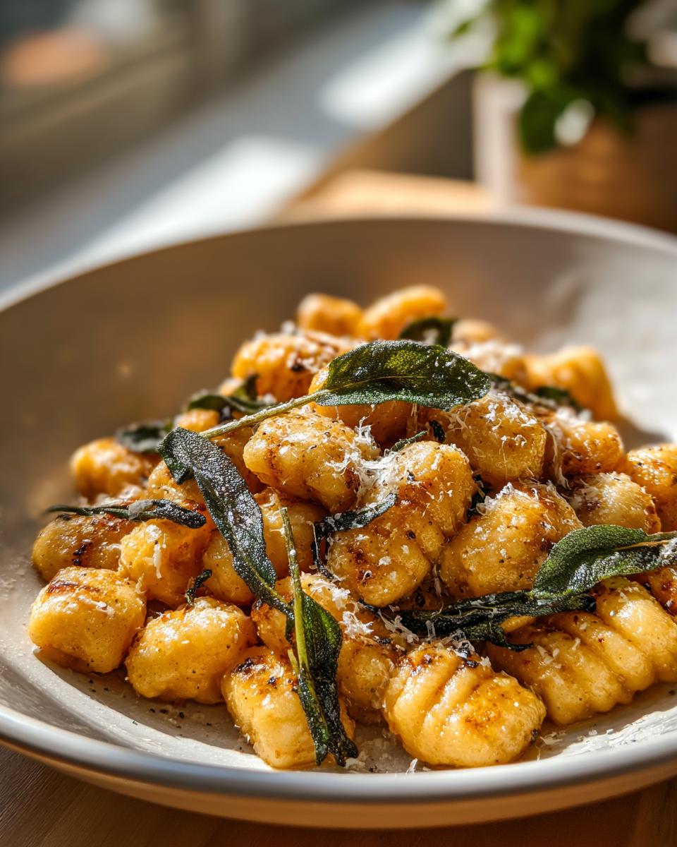 A close-up of pan-seared sweet potato gnocchi topped with crispy sage leaves and grated Parmesan cheese.