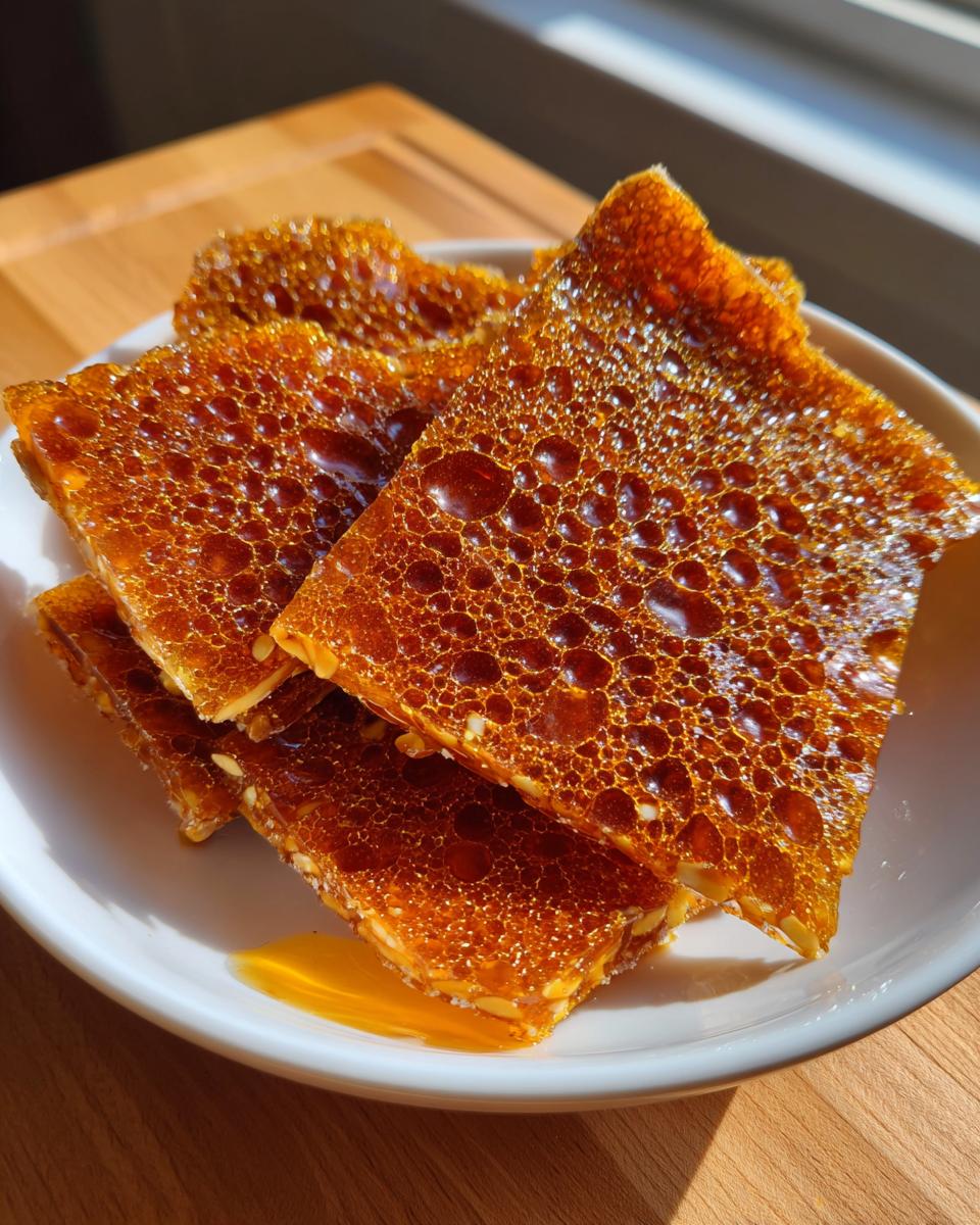 Close-up of golden, bubbly peanut brittle recipe pieces stacked on a white dish, showing the honeycomb texture.