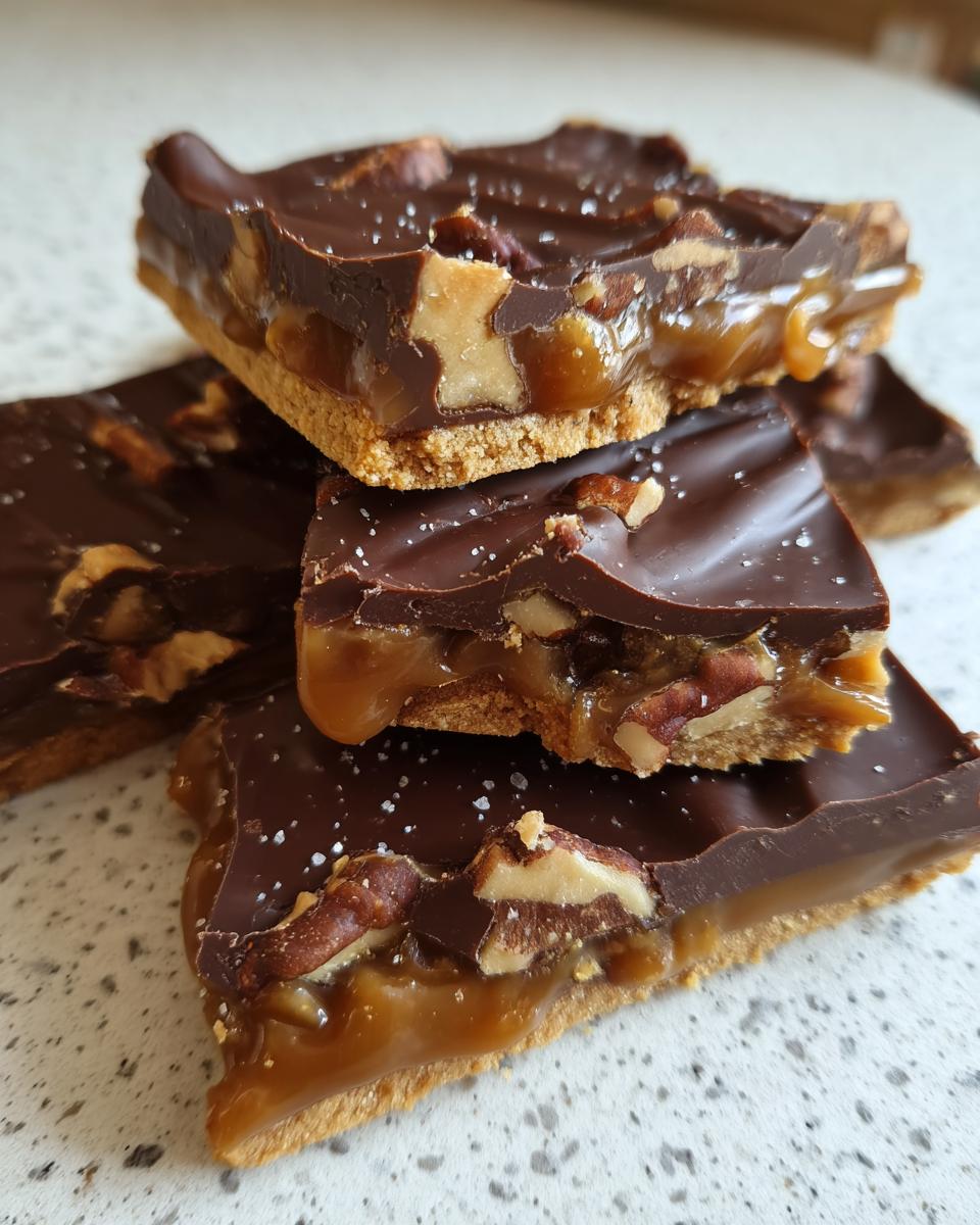 A stack of rich Pecan Pie Bark squares featuring a shortbread crust, gooey caramel, pecans, and a dark chocolate topping sprinkled with sea salt.