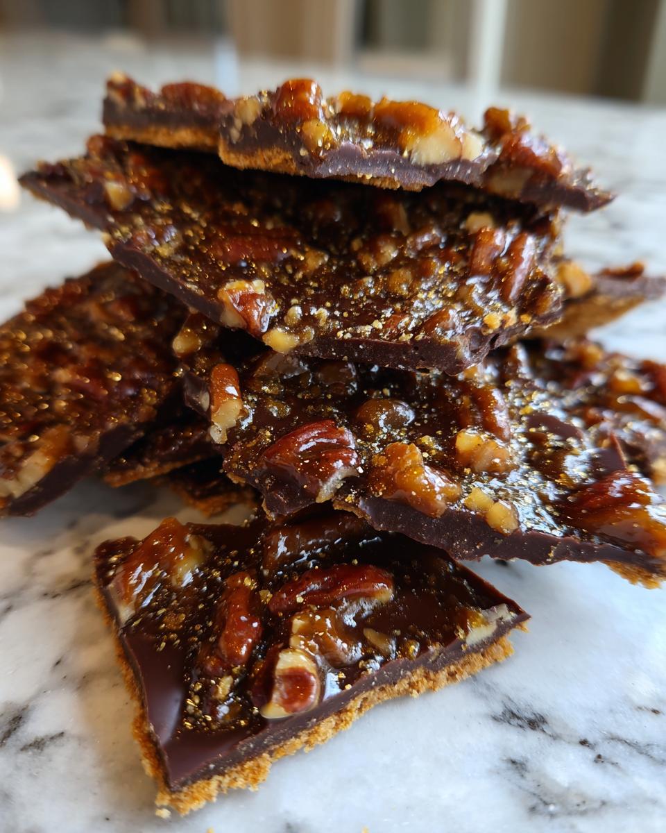 A stack of broken pieces of rich, dark Pecan Pie Bark showing a chocolate base and a glossy pecan topping.