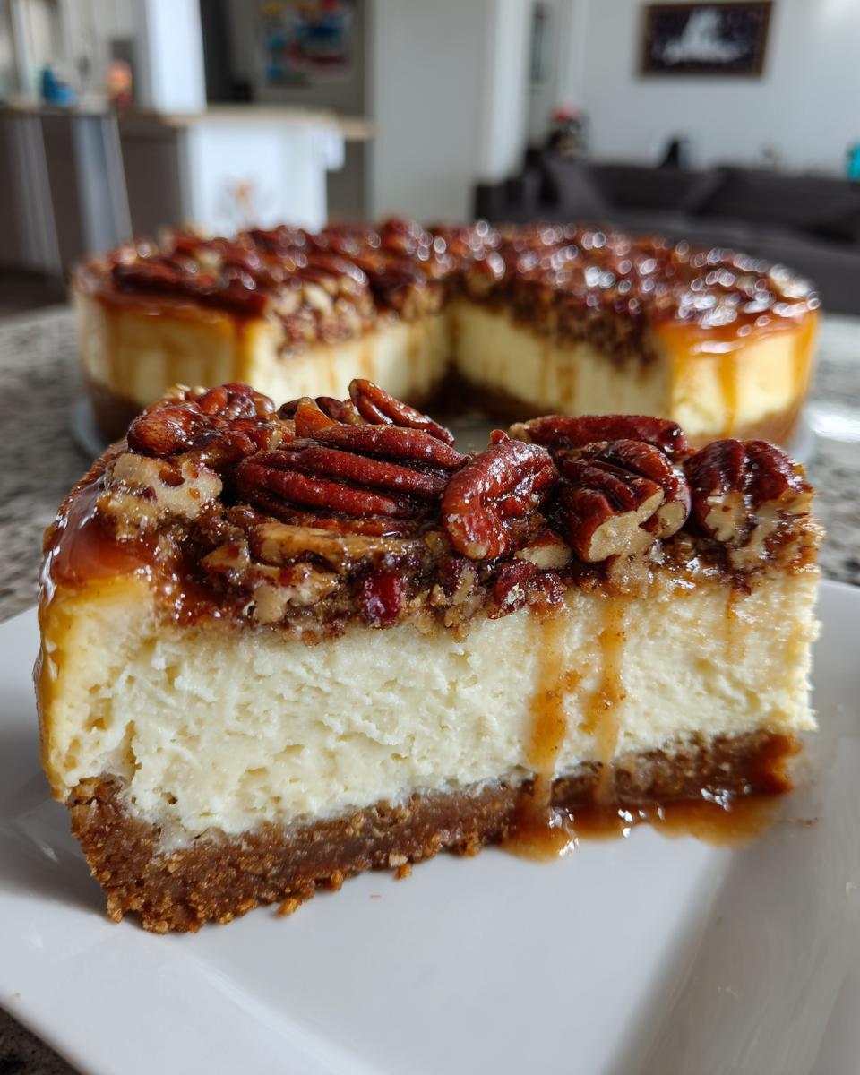 A close-up slice of rich pecan pie cheesecake topped with glazed pecans and caramel sauce, with the rest of the pecan pie cheesecake in the background.