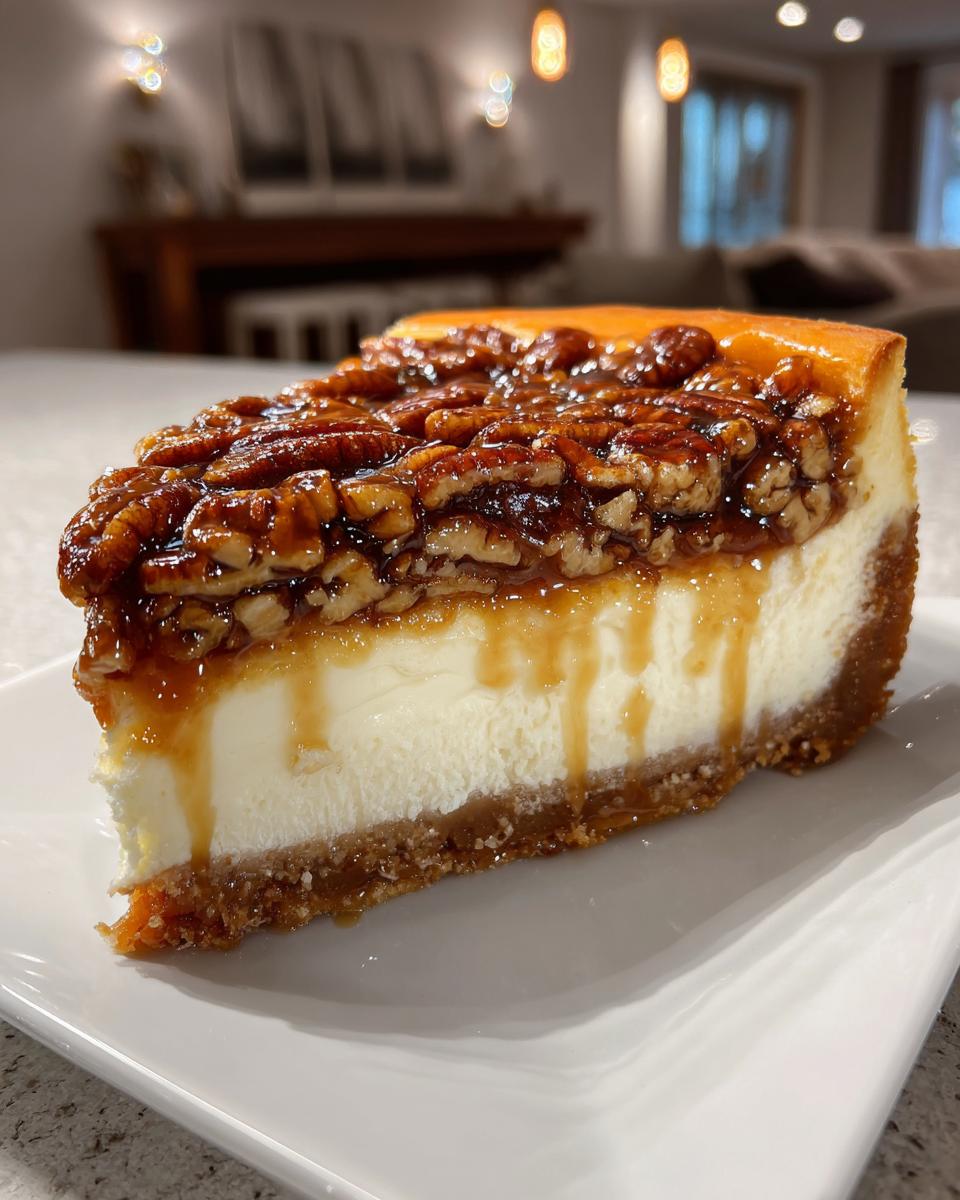 A perfect slice of pecan pie cheesecake with a thick, creamy layer and candied pecans on top.