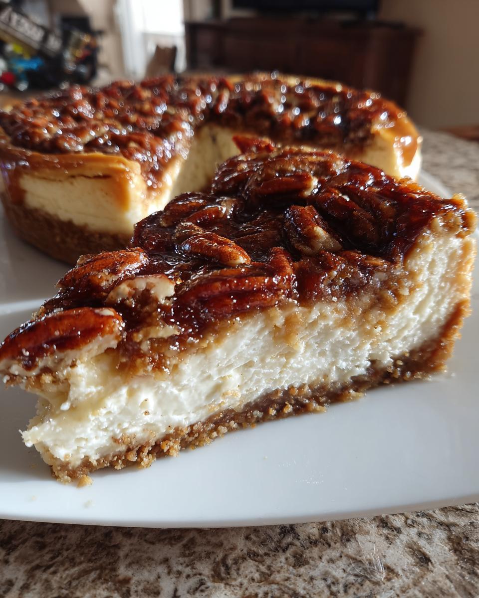 A close-up of a slice of pecan pie cheesecake showing the creamy filling, graham cracker crust, and glossy pecan topping.