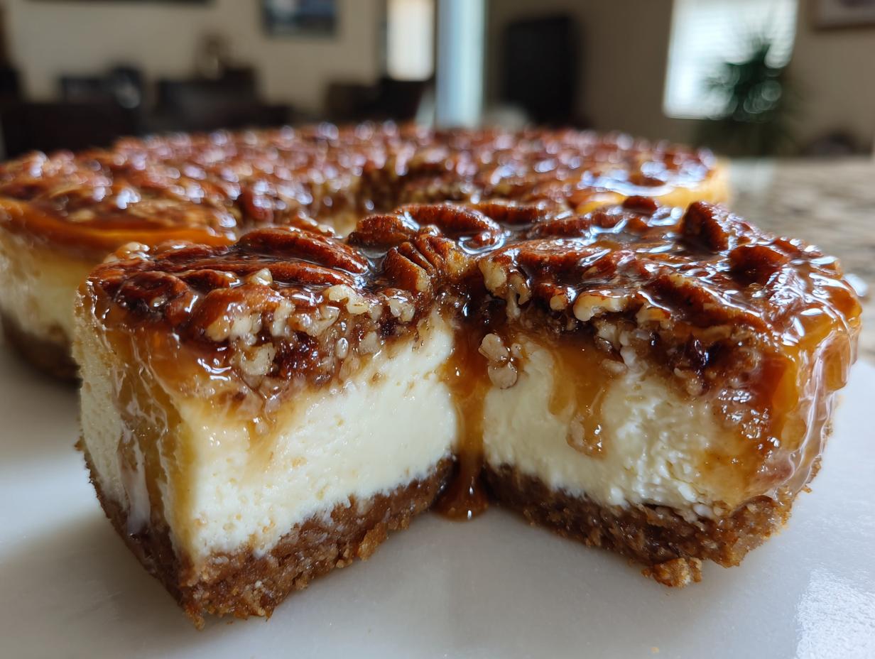Close-up of a slice of pecan pie cheesecake showing creamy filling, graham cracker crust, and gooey pecan topping.