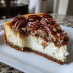 A thick slice of pecan pie cheesecake showing a creamy white filling, graham cracker crust, and glossy pecan topping.