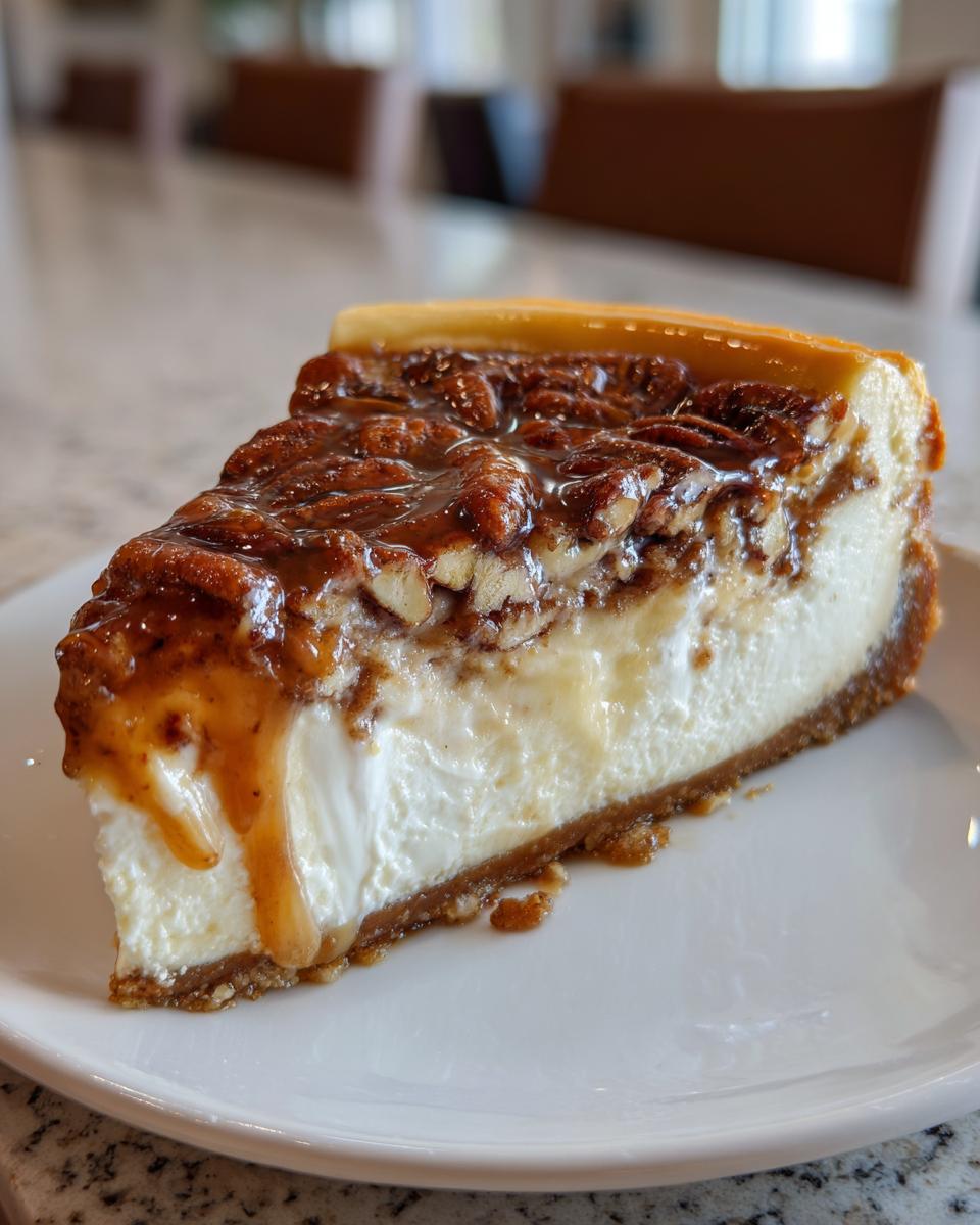 A decadent slice of pecan pie cheesecake with a thick, creamy layer and a gooey pecan topping.