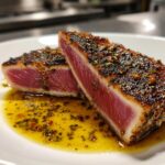 Close-up of a perfectly seared tuna steak, cut in half, showing a rare pink center and a dark herb crust, resting in a pool of yellow sauce.