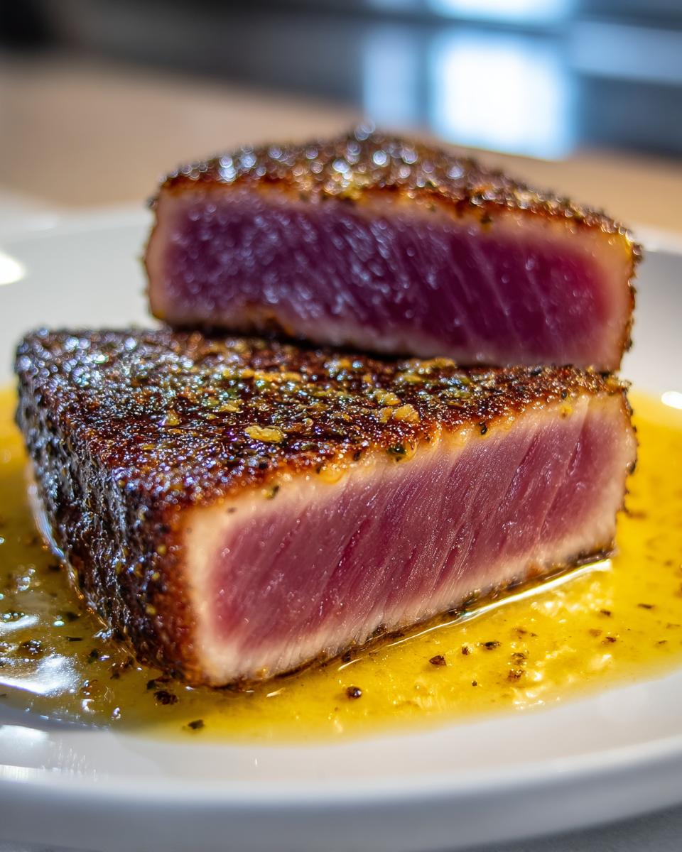 Close-up of a perfectly seared tuna steak, cut in half to show the rare, pink interior, resting in yellow sauce.