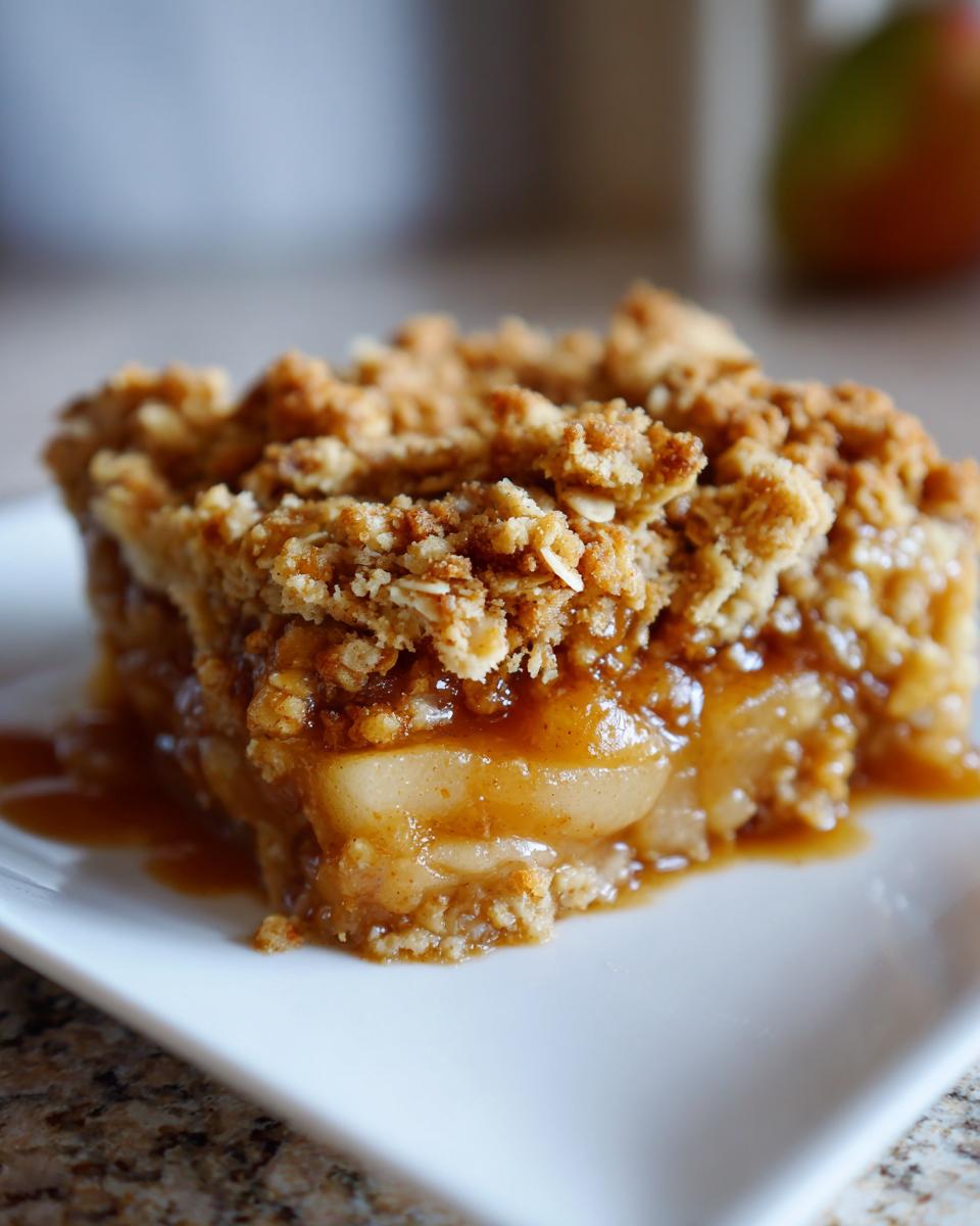 Close-up of a square slice of gooey pear crisp showing caramelized fruit filling and thick oat crumble topping.