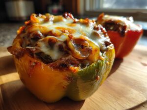 Close-up of a baked philly cheesesteak stuffed pepper topped with bubbly, melted cheese.