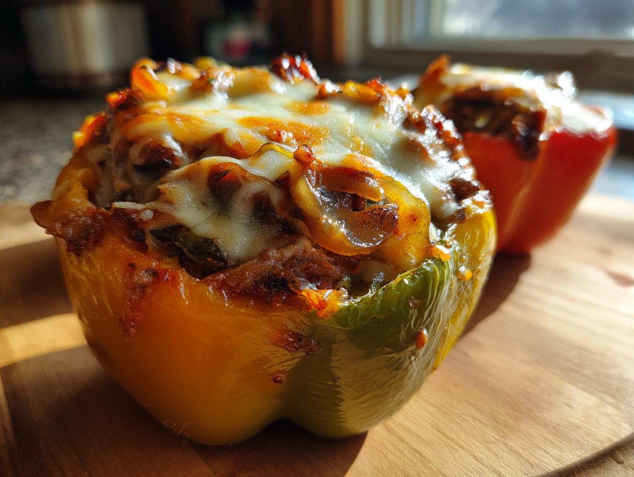 Close-up of a baked philly cheesesteak stuffed pepper topped with bubbly, melted cheese.