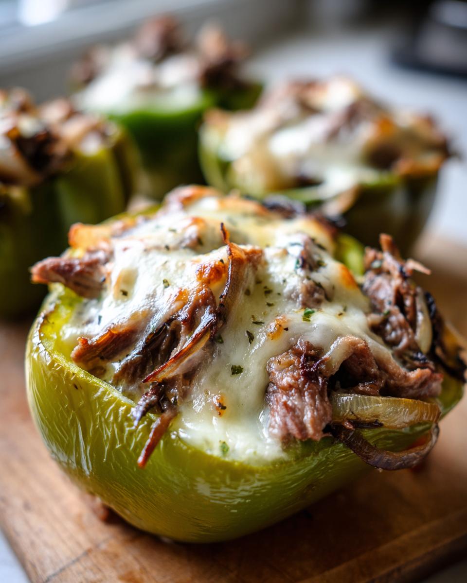 Close-up of a baked green bell pepper filled with steak, onions, and melted cheese, ready to eat philly cheesesteak stuffed peppers.